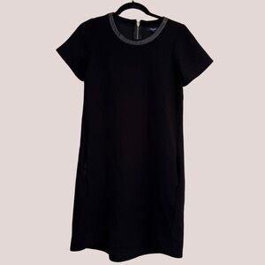 Madewell • Black Leather Trim Neckline Tee Dress Short Sleeve w/ Pockets • Sz XS